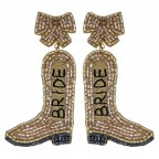 SEED BEADED WIFEY/BRIDE COWBOY BOOTS STATEMENT EARRINGS - GOLD
