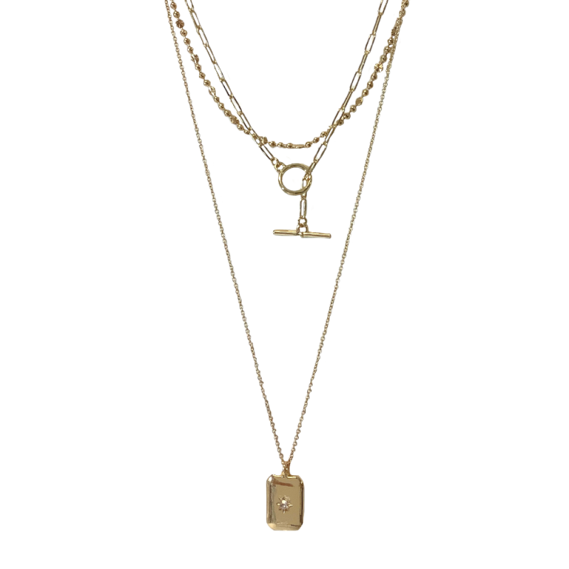 LAYERED NECKLACE - TOGGLE & RECTANGLE STARBURST PENDANT 