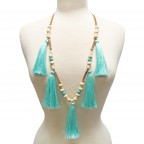 WOOD BEADED TASSEL AND STONE NECKLACE - PEACH